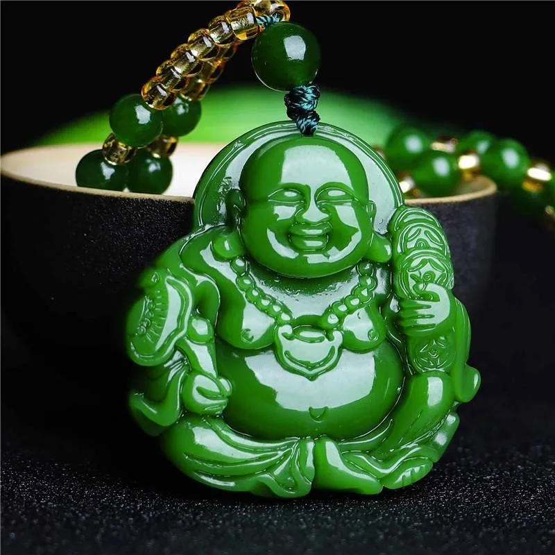 Necklaces - Chiński zielony Jade Maitreya budda wisiorek