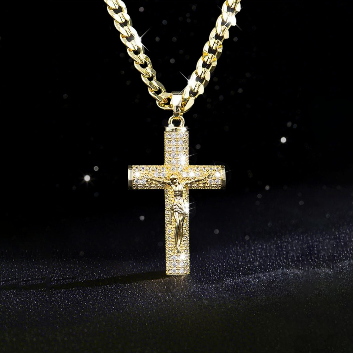 Cross Pendant Necklace Gold - Złocony naszyjnik z krzyżem dla mężczyzn,