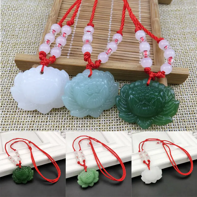 Necklaces - Naturalny Zielony Jadeitowy Wisiorek z Lotosem,